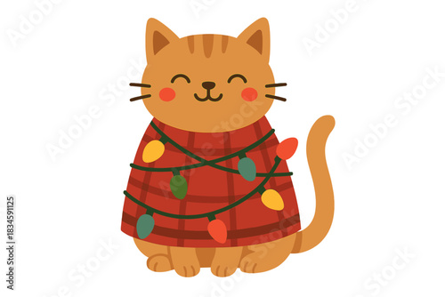 A festive cat adorned with a colorful plaid garland, rendered as a vector illustration for a Christmas template design