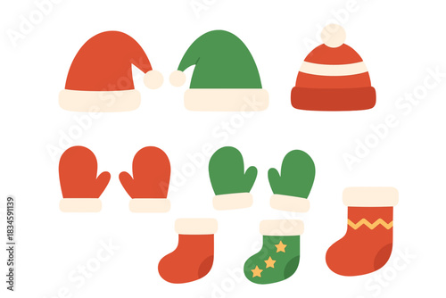 A vector illustration depicting a set of Christmas and New Year accessories, including hats, socks, and mittens