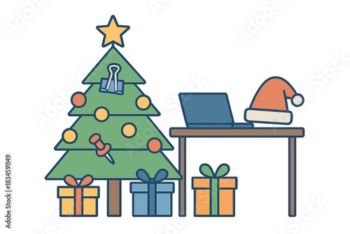 A festive office Christmas concept featuring a tree and decorations crafted from stationery or sewing pins against a white backdrop