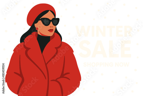 A glamorous woman in a red fur coat and sunglasses surrounded by snowfall