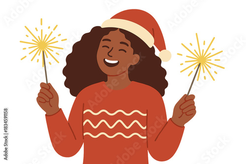 A blissful curly‑haired woman with sparklers celebrates Christmas, while inside a laughing pretty girl shines under Bengal lights