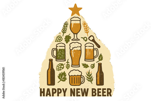 A vector poster depicting a Christmas tree made of craft beer bottles, mugs, glasses, ingredients, and accessories, with a “Happy New Beer” tagline and a vintage, grunge-style New Year background
