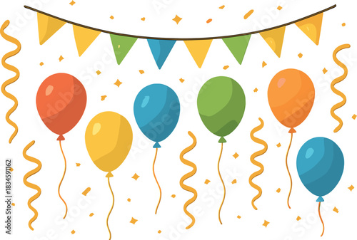 D illustration of garlands and balloons, featuring realistic golden ribbons and confetti on a transparent background, with shiny triangles on a rope, embodying carnival décor with sparkling accents