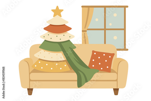 A Christmas tree crafted from a soft blanket and pillows sits on the sofa near the window, while a creative New Year's card showcases furniture and textile accessories for home, creating a cozy