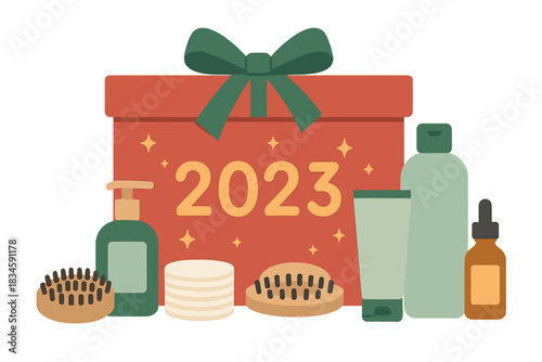 A gift set featuring skin and hair care items such as lotion, gel, shampoo, serum, massage brushes, and cotton pads for makeup removal, along with an Advent calendar, perfect for Christmas and New