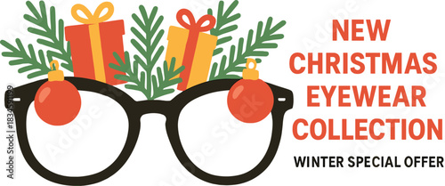 Stylish glasses featuring Christmas ornaments, gifts, and fir branches against a white backdrop, part of a new holiday eyewear line, showcased in an optic store sale banner with a winter discount