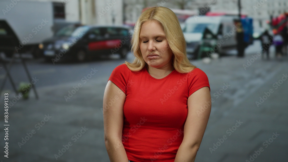 Fototapeta premium Blonde woman wearing a red shirt stands on a city street with cars in the background, capturing an outdoor urban scene with a focused expression.