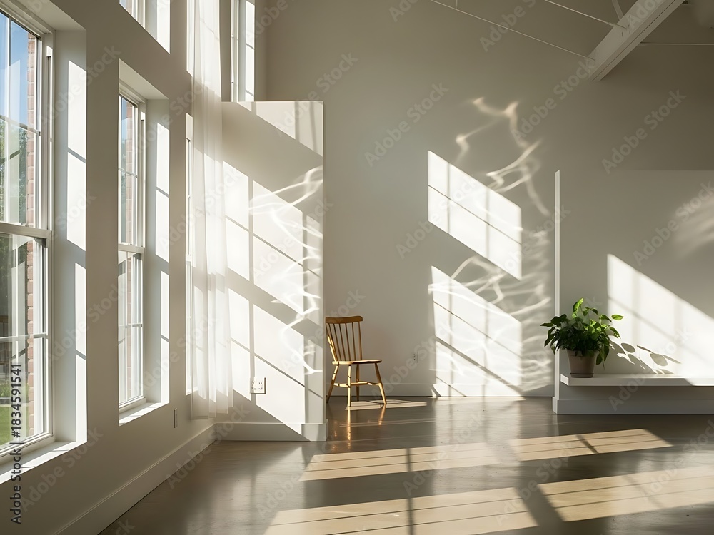 Obraz premium Bright Room Interior with Reflected Sunlight and a Wooden Chair Accent