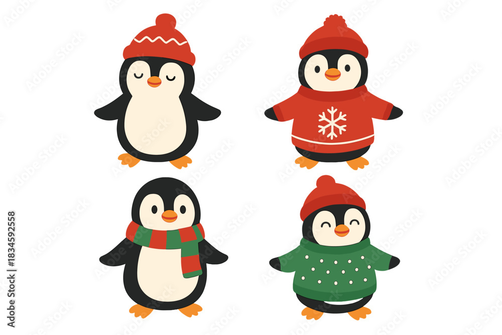Fototapeta premium Cartoon winter penguins, festive Christmas illustrations of adorable penguins on greeting cards, adorned with knitted hats, sweaters, and scarves