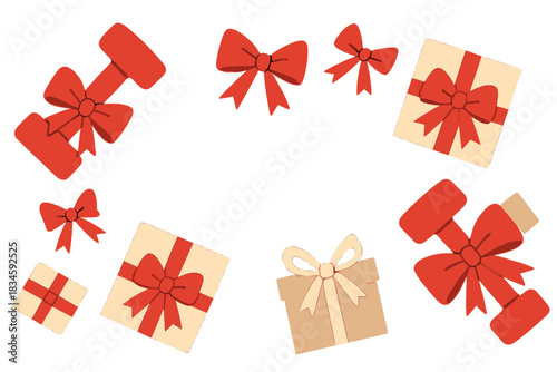 Workouts, physical conditioning, and the creation of a joyful Christmas and New Year's theme, featuring red dumbbells, bows, and ribboned gifts against a black backdrop, presented in a flat lay top