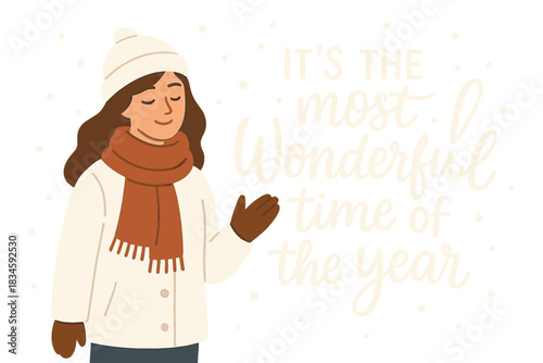 A young woman in a white winter outfit, wearing a warm scarf, gloves, and hat, stands beside the blue lettering that reads “the most wonderful time of the year