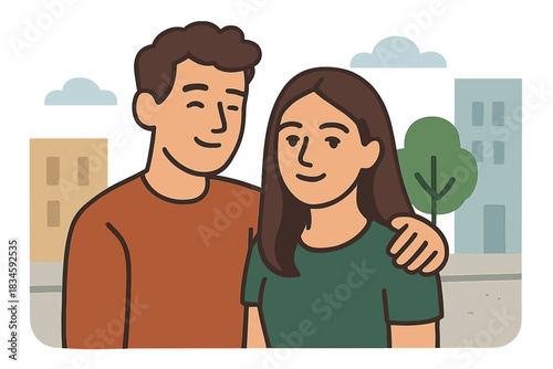 An outdoor close‑up portrait of a young, beautiful couple posing on the street