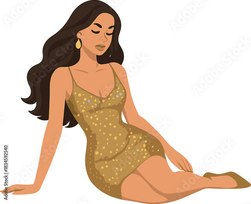 A beautiful, sexy woman wearing a skinny gold dress with shiny sequins poses at a party celebrating New Year's and Christmas, with long hair, makeup, jewelry, and a glamorous model pose, while