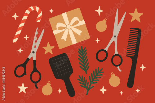A flat lay of Christmas items—hairdressing tools, a gift, and holiday decorations set against a red backdrop—wishing you a merry Christmas and a happy new year