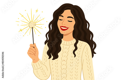 A beautiful, young, sexy brunette with long curly hair, bright makeup, and red lipstick, wearing a knitted white winter sweater, holds Bengal lights in her hand and smiles for the golden holiday, New