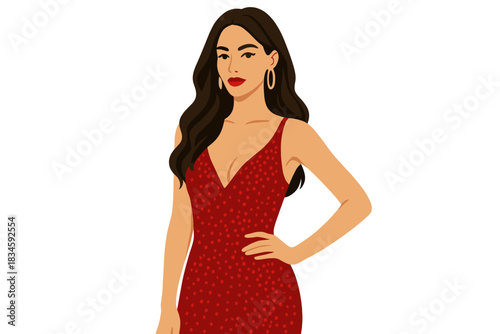 A beautiful, sexy brunette woman with a pretty face, wearing makeup, jewelry, and earrings, wears a long hairstyle and a skinny, shiny sequined red dress for a stylish evening party
