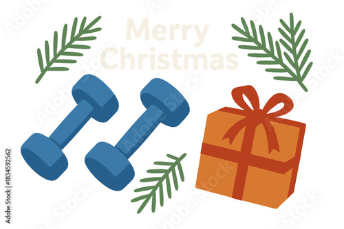 A Christmas greeting card featuring two blue dumbbells, fir tree branches, and a gift set against a black background, viewed from above with ample copy space, embodying a fitness, sport, and healthy