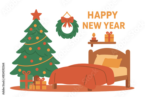 A bedroom adorned with Christmas decorations, evoking a cozy home moment, with a concept of a Happy New Year