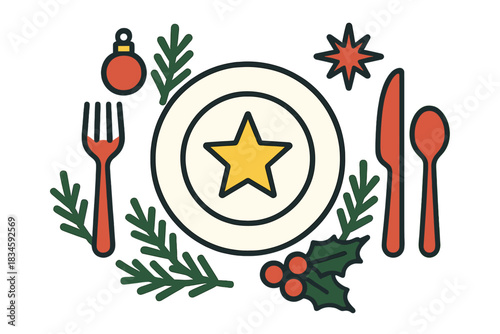 Tableware and accessories adorned with a radiant Christmas star, holiday trinkets, and spruce branches, embodying the spirit of Christmas and New Year celebrations