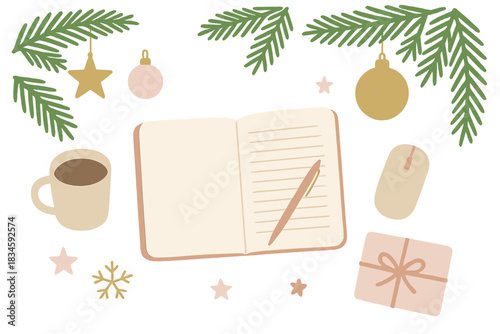 A stylish, feminine desk setup featuring Christmas ornaments and fir branches against a white backdrop, viewed from above with ample copy space, exuding a glamorous home office vibe