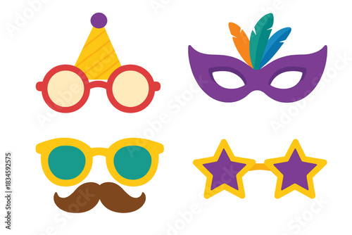 Vibrant carnival glasses for Purim, humorous party goggles, and a masquerade accessory set