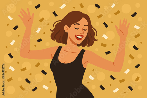 Close‑up of a young Caucasian woman celebrity, smiling with red lips, wearing a black fancy dress, dancing and enjoying the New Year’s Eve party against a golden sparkling backdrop with flying