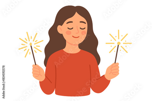 A dreamy Caucasian girl in a red sweater holds Bengal lights, while the charming female model celebrates the New Year with sparklers
