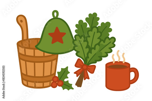 A festive sauna setting with Christmas and New Year vibes, offering plenty of space for text