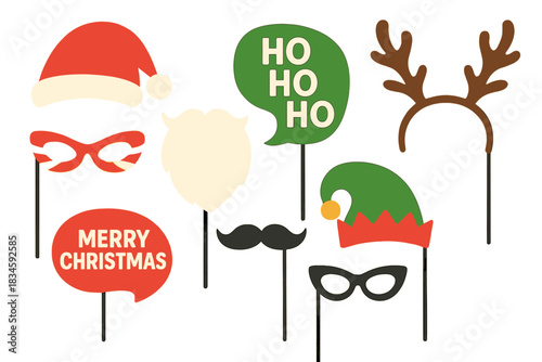 Vector set of Christmas photo booth props, including vintage photobooth graphics for Christmas and New Year parties, masquerades, and scrapbooking, featuring caps, mustaches, speech bubbles, deer