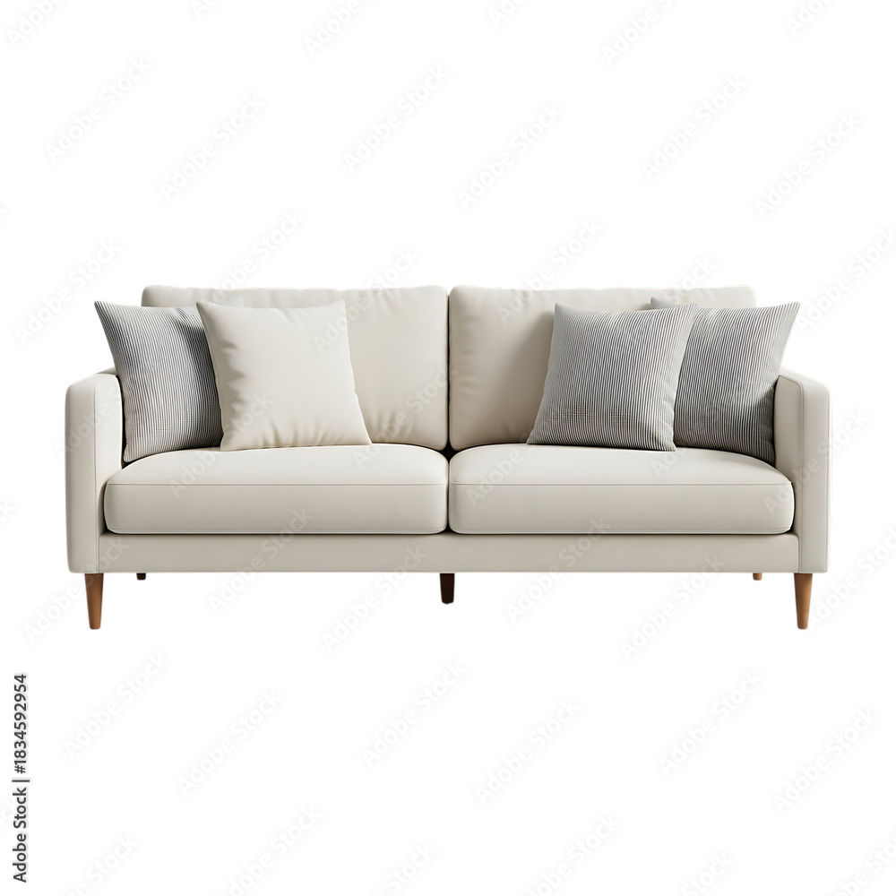Fototapeta premium Cream Sofa with Striped and Plain Cushions on Black Background couch furniture isolated on a transparent background