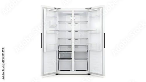 Showcasing a modern, spacious, and clean white side-by-side refrigerator with its doors wide open, ready to be filled with fresh food and beverages.
