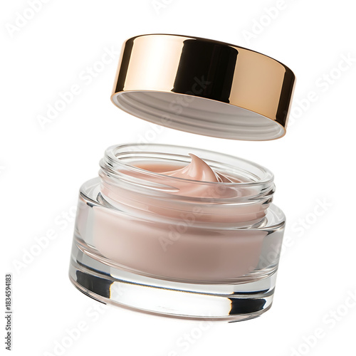 Open Jar of Pink Cream Cosmetic with Gold Lid Floating on Black Background moisturizer skincare isolated on a transparent background
