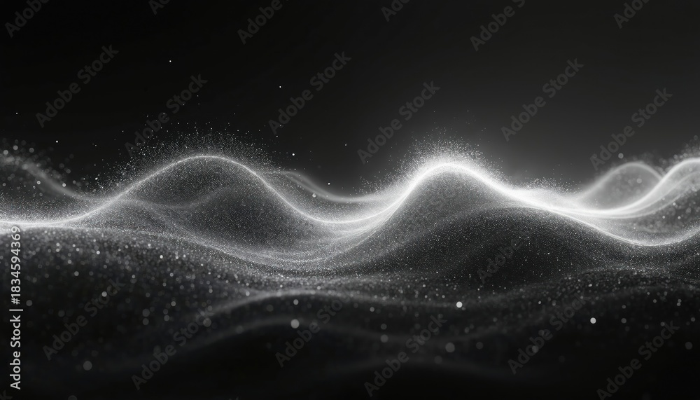 Fototapeta premium Abstract white glowing wave pattern composed of tiny particles flowing on dark background. Subtle light motion creates futuristic digital organic shape and subtle atmospheric effect.