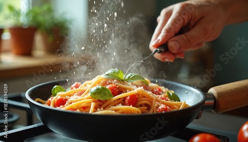 Fototapeta Naklejka Na Ścianę i Meble -  Close up of pasta with basil. Cook prepares spaghetti dish with tomato and sauce in pan. Italian cuisine. Healthy meal prep. Food photo for cooking blog article.
