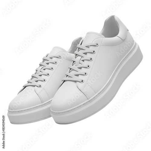 Pair of White Leather Platform Sneakers with White Laces on Black Background shoes footwear isolated on a transparent background