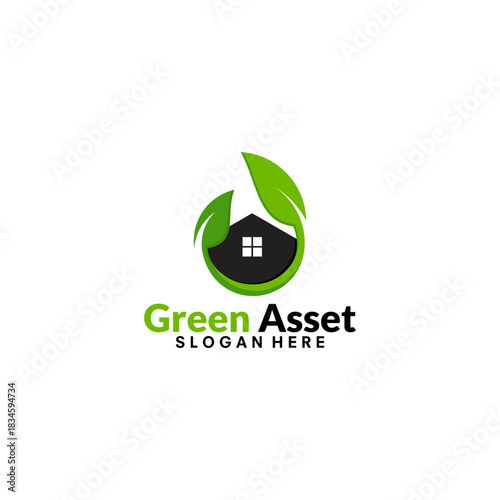 Green Asset Logo with House and Leaves Symbolizing Eco-Friendly Real Estate.