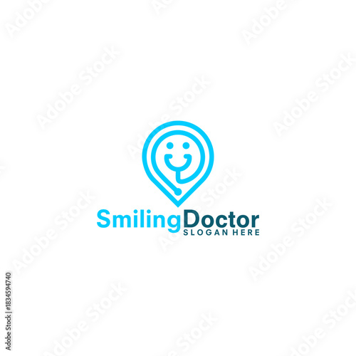 Smiling Doctor Logo with Stethoscope and Location Pin.