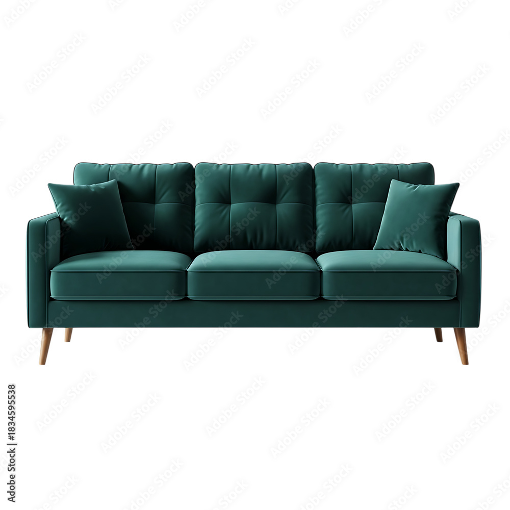 Obraz premium Teal Velvet Tufted Three- Seater Sofa with Wooden Legs on Black Background couch furniture isolated on a transparent background