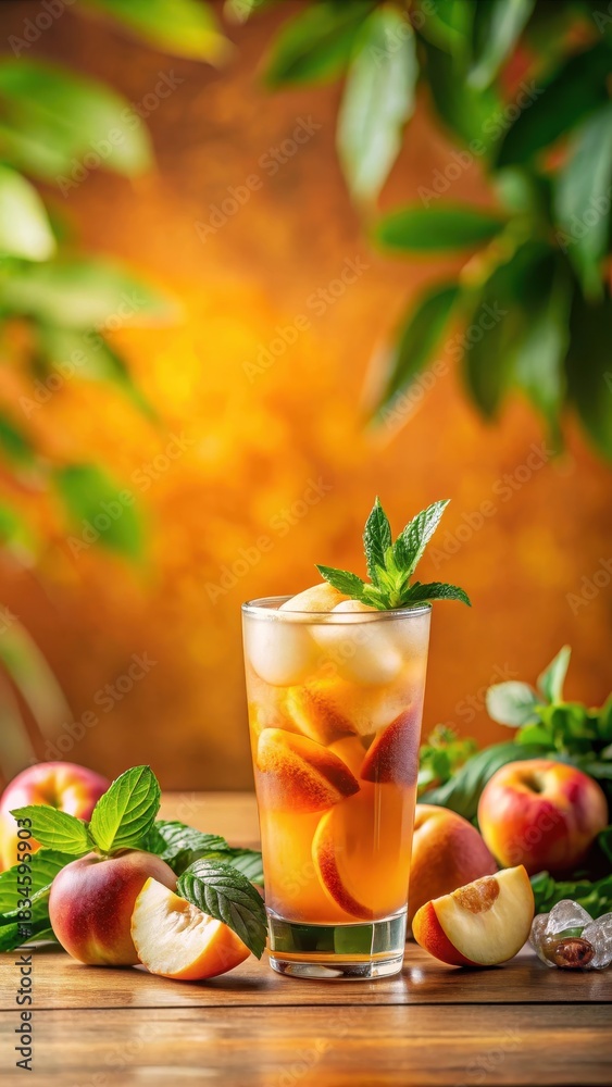 Fototapeta premium Freshly brewed iced peach tea on a bright orange background surrounded by lush greenery