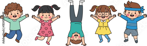 Happy children cartoon illustration, playful poses, jumping kids, handstand, fun activity, childhood joy, vector graphic, art, education