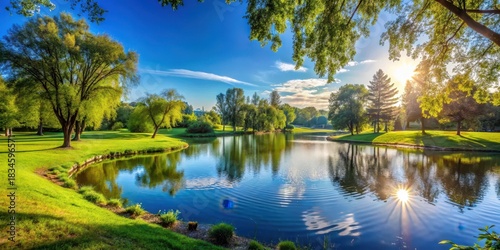Sunny afternoon in a park with a lake
