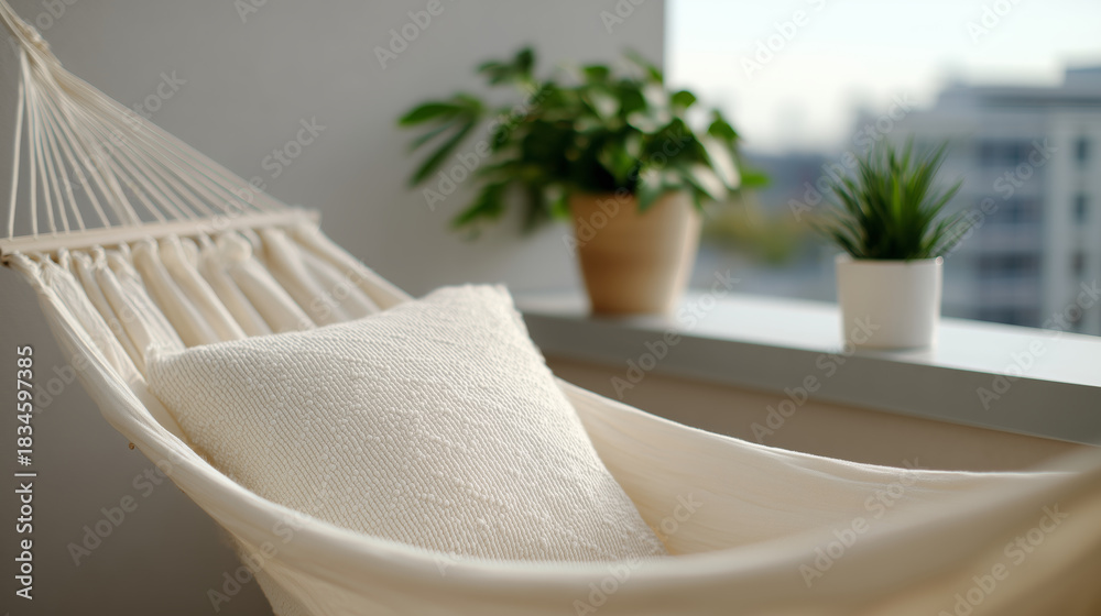 Naklejka premium Relaxing hammock with pillow and potted plants on a sunny balcony