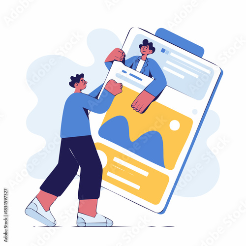 Two stylized figures collaborating on a large digital clipboard, representing content creation and management.