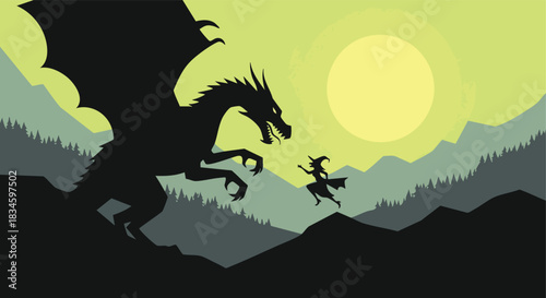 Mighty dragon silhouette confronts a brave witch in a mystical mountain landscape for an epic fantasy scene