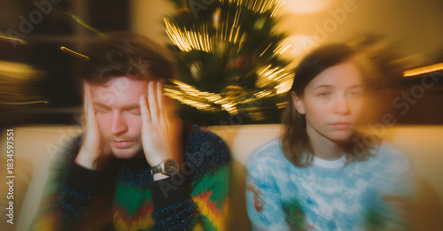 Couple with hands on heads, blurred, in front of a Christmas tree