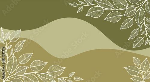 Hand-drawn botanical leaves gracefully framing organic wave patterns in olive green tones for natural design backgrounds and decorative artwork