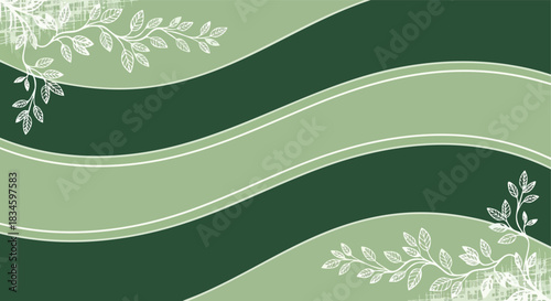 Abstract green wavy stripes with decorative white botanical elements for versatile design background use
