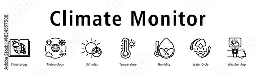 Climate Monitor web banner icon vector illustration with icons of Climatology, Meteorology, UV Index, Temperature, Humidity, Water Cycle, and Weather App.