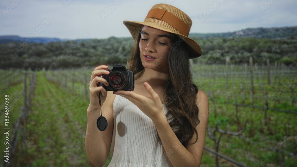 Obraz premium Young woman smiling face holds dslr camera and makes ok gesture in lush forest under green vines; confidence.