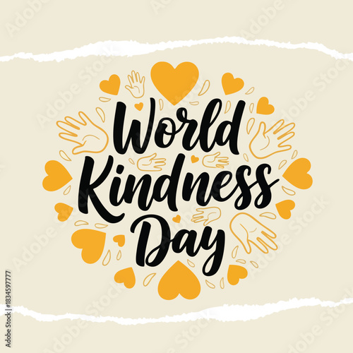 World Kindness Day lettering design with hearts and hand symbols on a gentle background to represent a global message of empathy and compassion